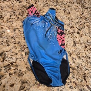 GK Blue & Pink Kids One-Piece Gymnastics Leotard with Rhinestones